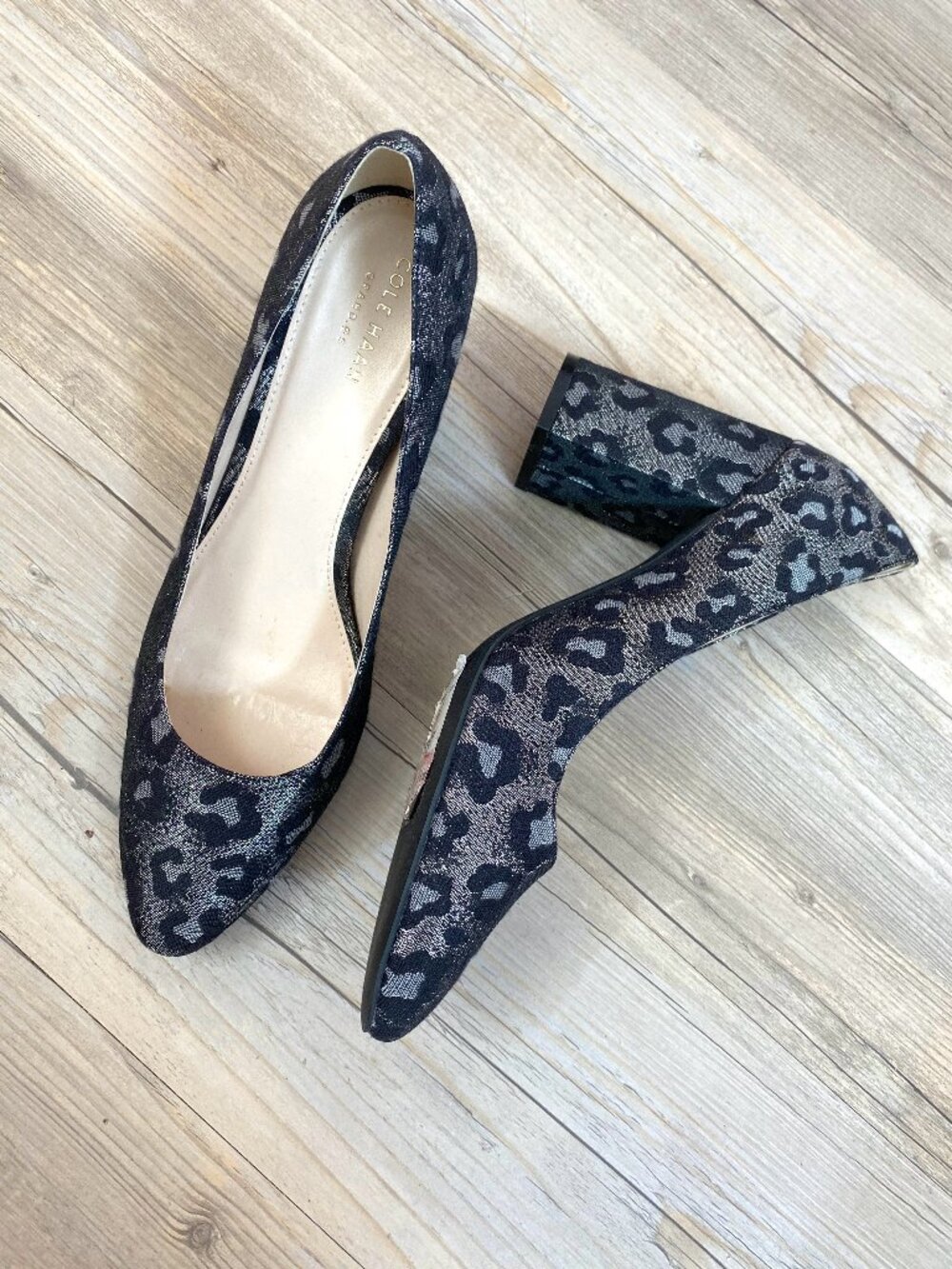 Cole Haan Black and Grey Metallic Thread Leopard Heels - Size 9.5